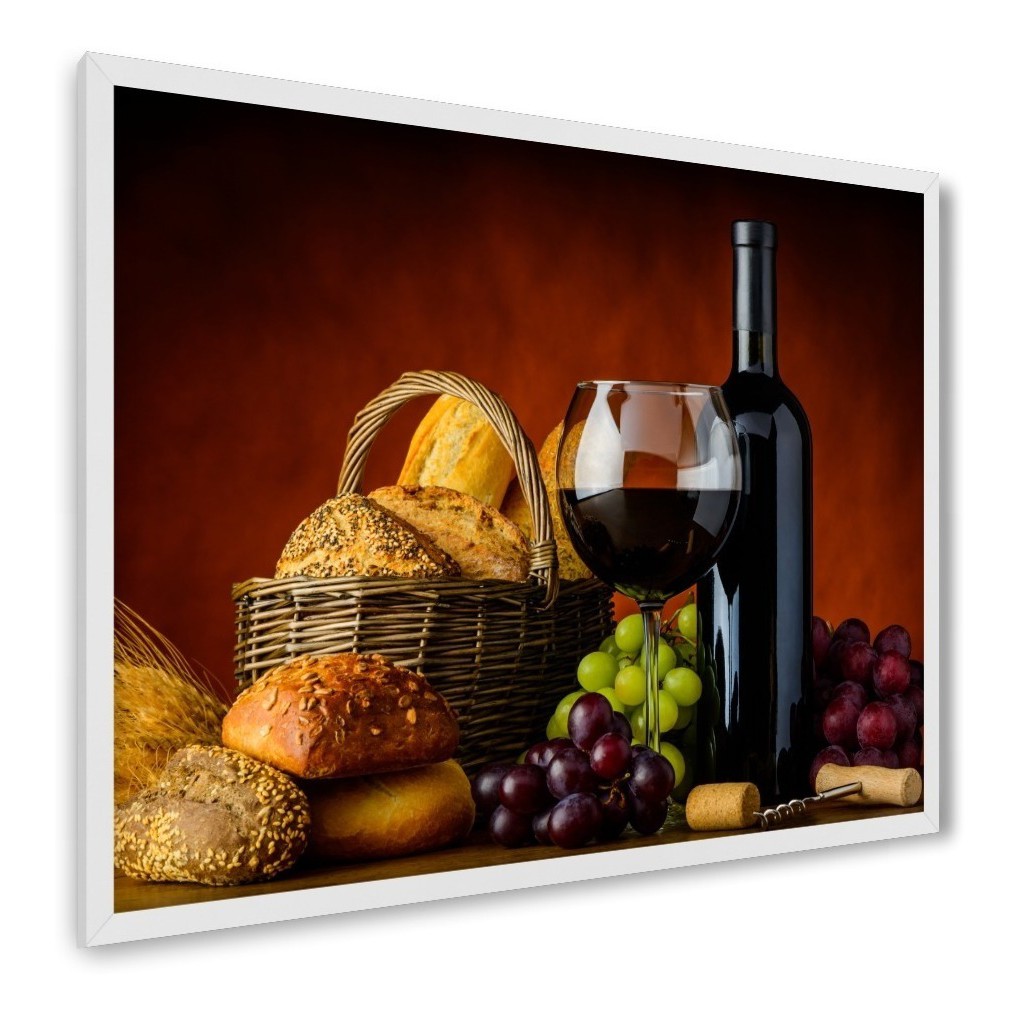 Quadro Decorativo Grande 1 Peça Ceia Vinho Uva Moldura Branca