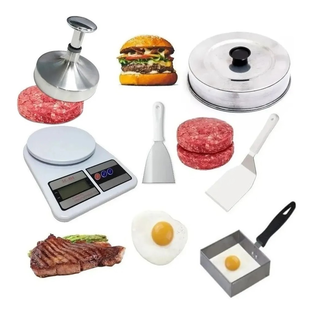 Kit Hamburguer Hamburgueria - Espátulas Abafador Modelador Hambúrguer Ovos Balança Digital