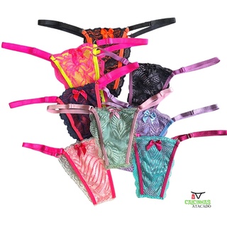 Kit 10 Calcinhas Color Renda Neon Alça Regulagem Laterais Envio Rápido