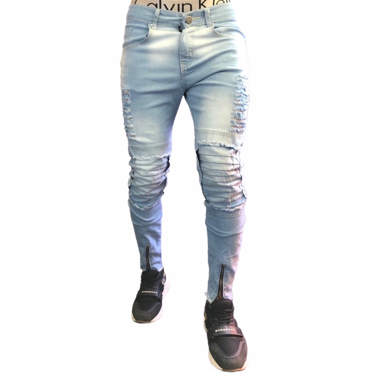 Jeans Destroyed CalÇa Jeans Com Ziper Na Perna Masculina Calca