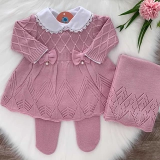Saída De Maternidade Tricô Menina Pérola - 3 Peças Kit Maternidade