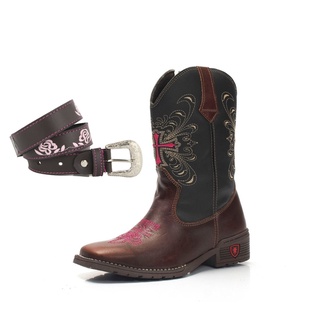 Botinha Country Bota Texana de Couro Modelo Flora Infantil + Cinto de Couro Bordado