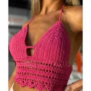 Top Biquíni Cropped de Crochê Com Bojo Verão Cortininha Feito á Mão em Oferta na Shopee