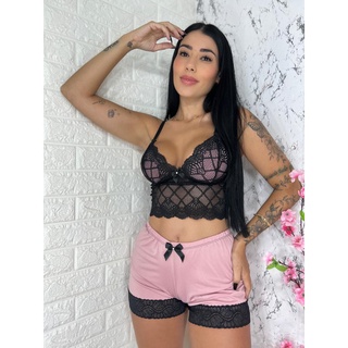 Conjunto Short Doll Cropeed Renda Noite Dia Conforto Lingerie