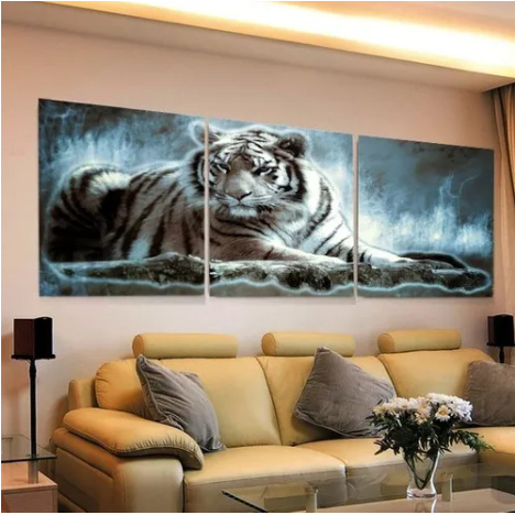 Quadros Decorativos Tigre Aguá E Fogo 120x60 3 peças em Teci