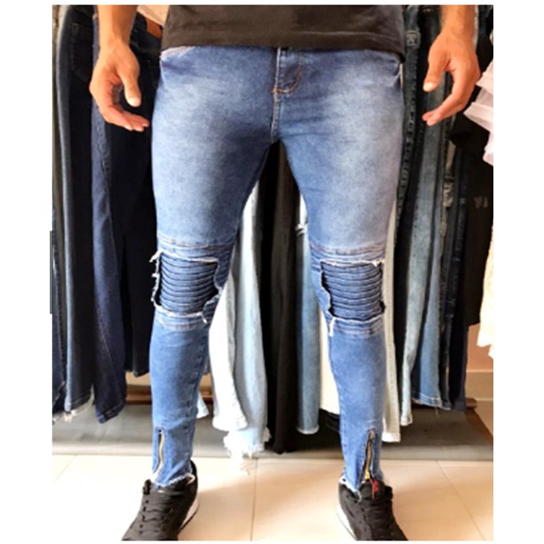 Calça Super Skinny Masculina Com Lycra Jeans Ziper na Perna