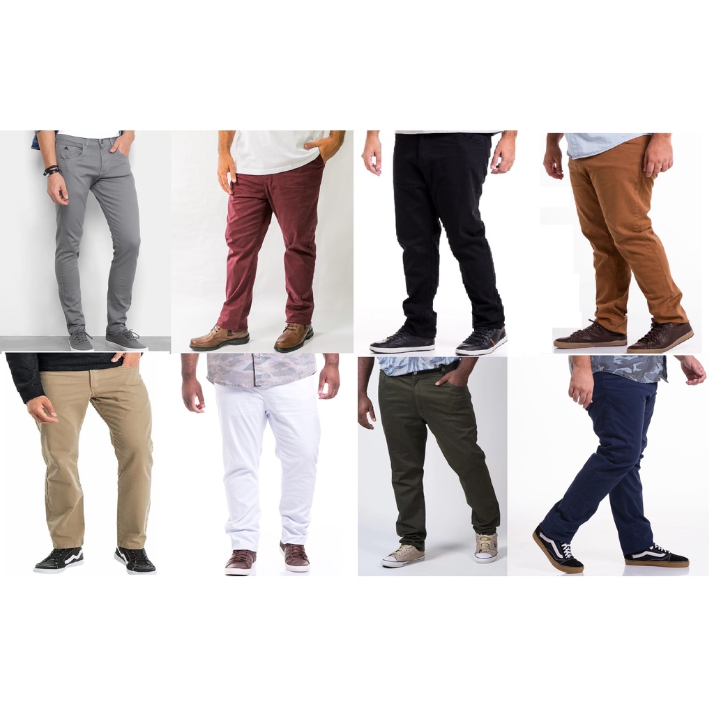 Calça Masculina Plus Size Sarja Com Lycra Colorida - Kit 3 Peças 50 ao 66 - Tamanho Grande - Preta - Branca - Vinho - Verde - Creme - Caramelo - Cinza