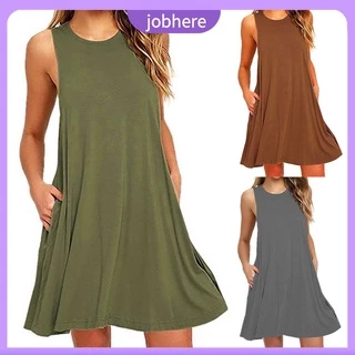 Jobhere Midi Vestido Feminino Sem Manga/Gola Redonda/Liso/Simples/Cor Lisa Para Verão