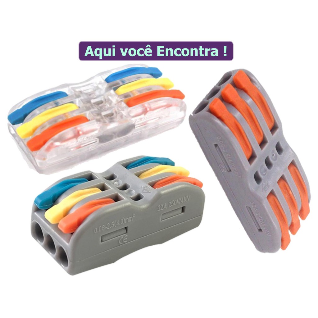 Conector Emenda Derivacao Sem Solda 3x3 Fios 0.08 X 4.0MM 223-423 PCT223 PCT-233 SPL-3 Com Lavanca Cenector Fiacao Sem Parafusos Terminal Tipo Wago Conexao Engate Rapida Multifuncoes Cabos Eletricos 3 Vias 3 Fio Bloco Terminal 3 X 3