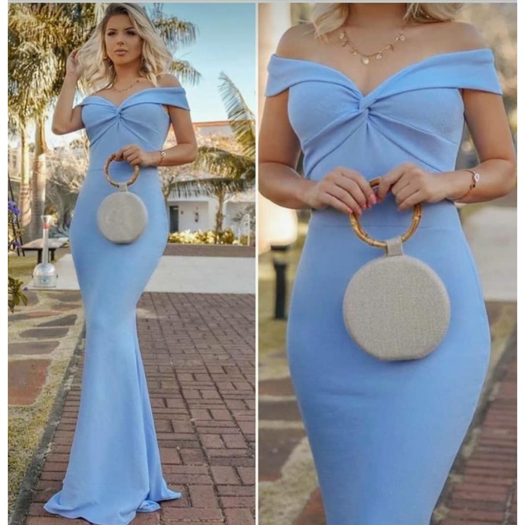 Vestido de Festa Longo em Crepe Ombro Só Azul Serenity