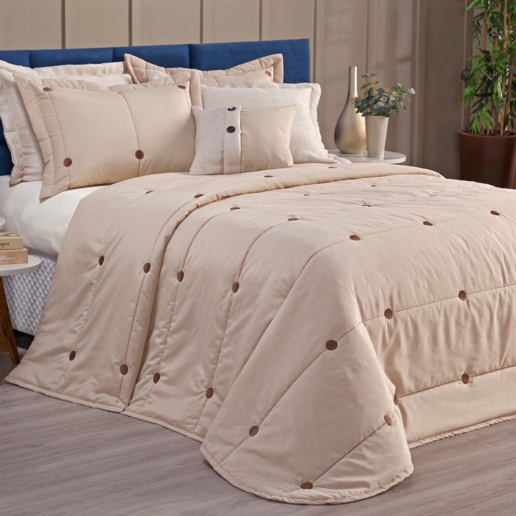 Cobre Leito Botão Bordado 200 Fios Peletizado Queen 07 Peças Rosê, Avelã ou Verde Claro