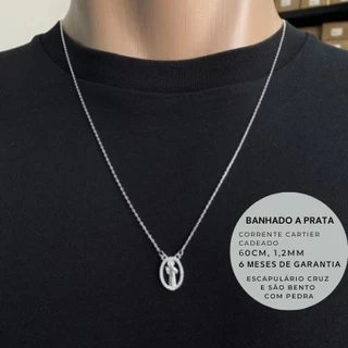 Escapulário Prata 925 Cruz e São Pedro Masculino Cravejado Corrente Cadeado Banhado em Oferta na Shopee