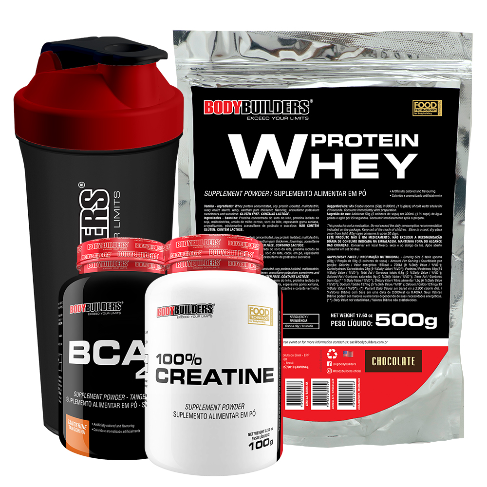 Kit Whey Protein 500g Chocolate + BCAA 4.5 100 gr + 100% Creatine 100g + Coqueteleira – Bodybuilders