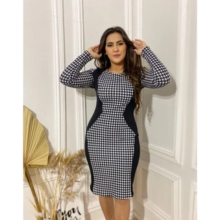 Vestido feminino manga longa tubinho estampado com recorte liso moda evangélica