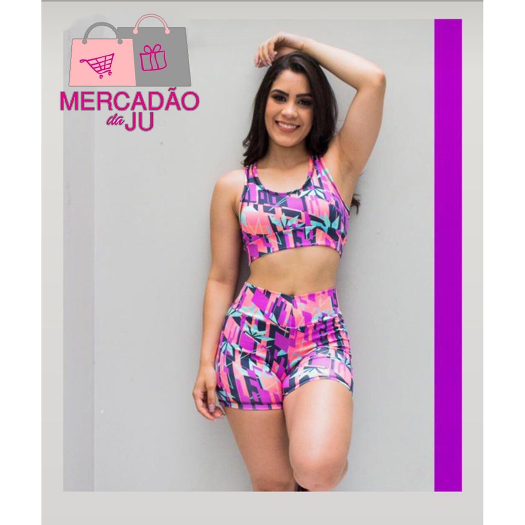Conjunto Feminino Shorts + Top Cropped Academia Fitness Estampado Feminino