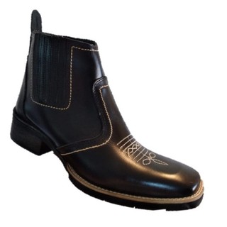 Bota Country Texana Masculina Em Couro Vaqueta Legitimo Cor Preta Botina Solado todo Costurado Botinha Bico Quadrado Produto todo Forrado Calçado Cor Preto Estilo Rustico Casual Marca Campolina Cano Medio Curto Moda Modelo Referencia 3140
