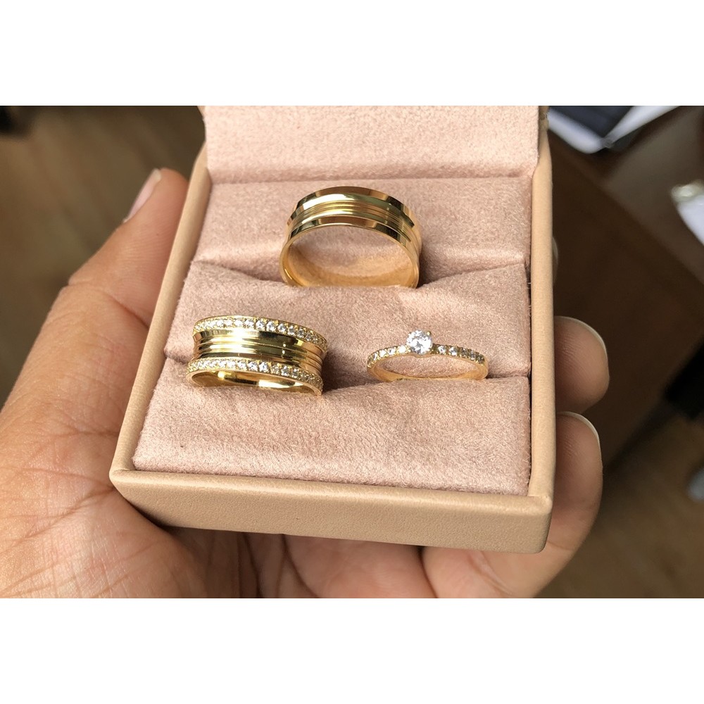 Par de Alianças de Moeda Antiga 8 mm Bugari Cravejada + Solitário Compromisso Noivado Casamento