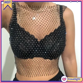 Blusa Feminina Sem Manga Sexy Com Design Arrastão De Strass E Gola Redonda