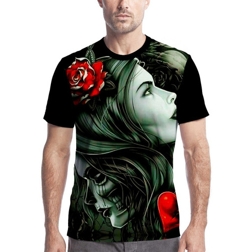 Camiseta Preta Masculina Caveira Mexicana Catrina Diamante