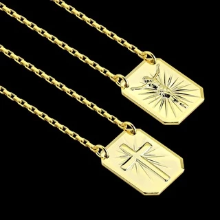 Escapulário Corrente Masculino com Placa Cruz e Jesus Cristo Crucifixo Banhado a Ouro 18k