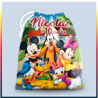 10 Sacolinhas personalizada tecido tema Mickey e a Turma 29cm x 19cm