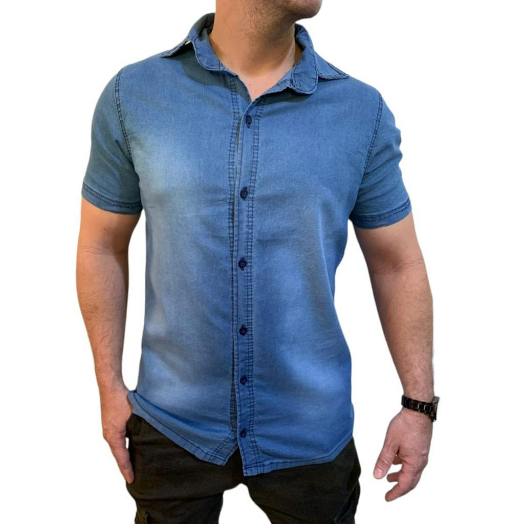 Camisa Masculina Jeans Social Manga Curta Com Botões