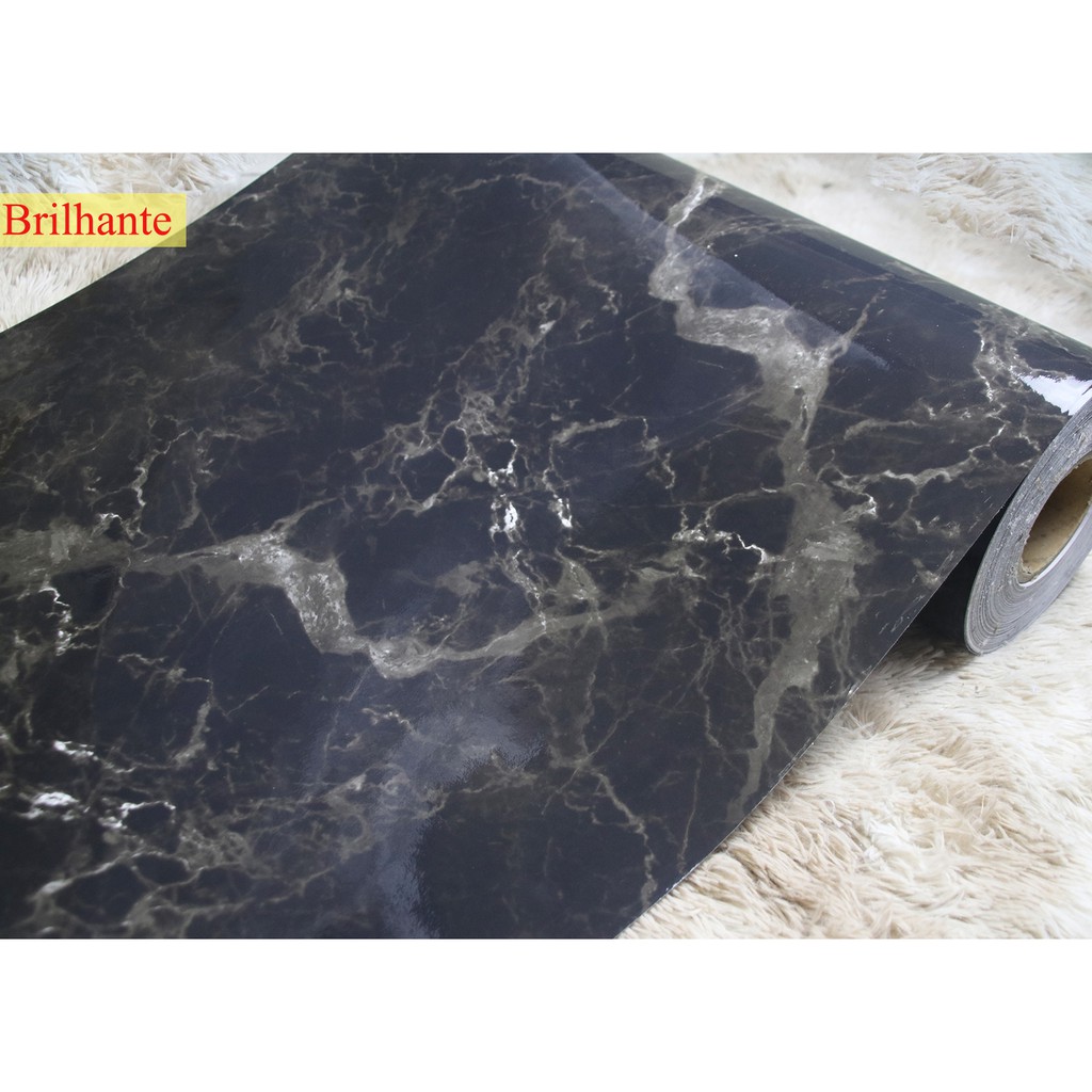 Adesivo Papel de parede Cozinha 2mx60cm Azulejo Mármore Preto Brilhante Alumínio Impermeável Box Autocolante Lavável