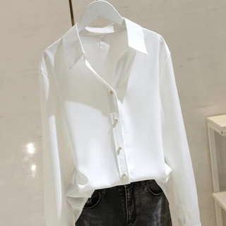 Camisa de manga comprida com gola branca, versão coreana solta, temperamento simples, Look mais fino, camisa de cetim branca feminina, manga comprida, primavera 2024, solta, mais fina, Design, sensação, decote em V