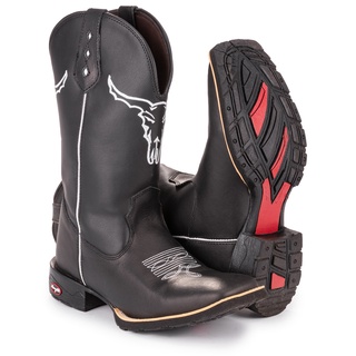 Bota Texana Country Masculina Cara de Boi Black Bico Quadrado Em Couro
