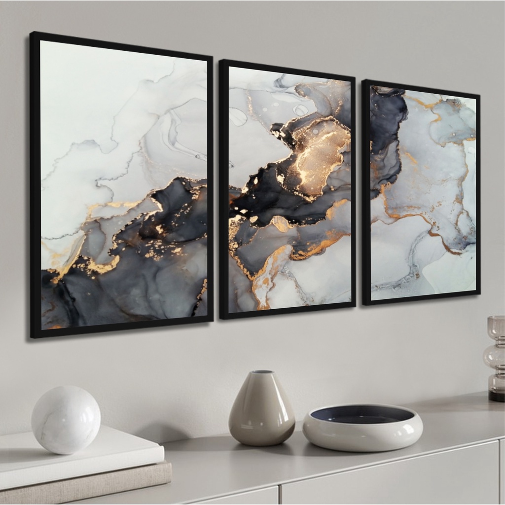 Kit 3 Quadros Decorativos Modernos Abstrato Dourado Preto Gold Para Quarto Sala Casa Corredor Conjunto Com Moldura e Vidro