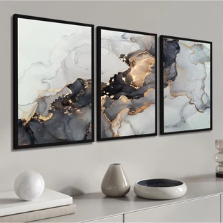 Kit 3 Quadros Decorativos Modernos Abstrato Dourado Preto Gold Para Quarto Sala Casa Corredor Conjunto Com Moldura e Vidro