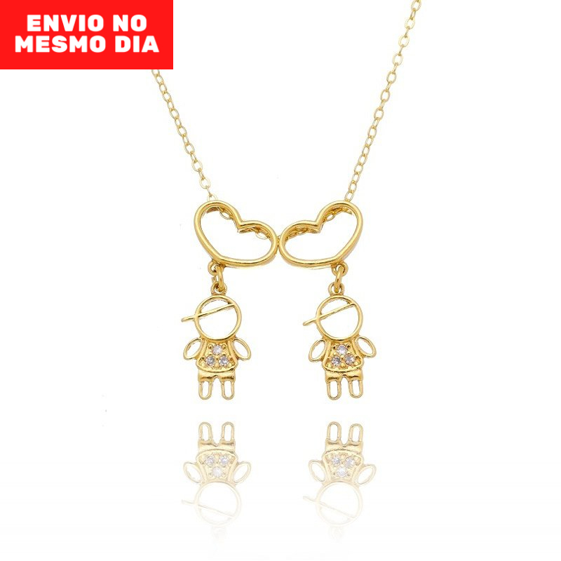 Colar Filhos Dois Meninos Banhado Ouro 18k