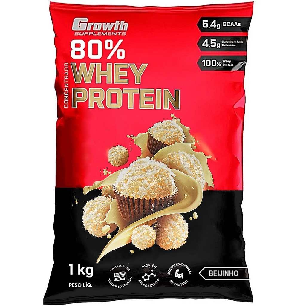 Whey Protein Sabor Beijinho 80% Proteína Concentrado 1Kg Growth Suplementos Original