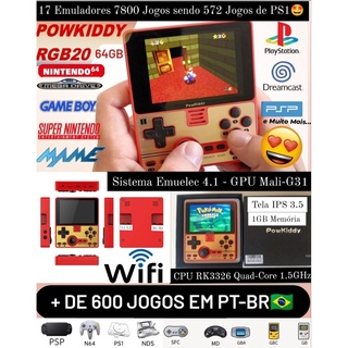 Video GameBoy Powkiddy RGB20 64GB Atualizado com Jogos em Português PT-BR  PSP/PS1/N64/SNES/NintendoDS e muito mais
