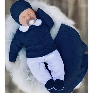 Saída de maternidade menino em tricô azul Marinho