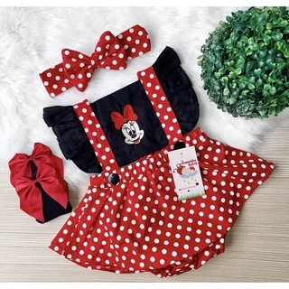 Jardineira Infantil Saia Minnie Vermelha Rosa Menina Bebe + faixinha de cabelo