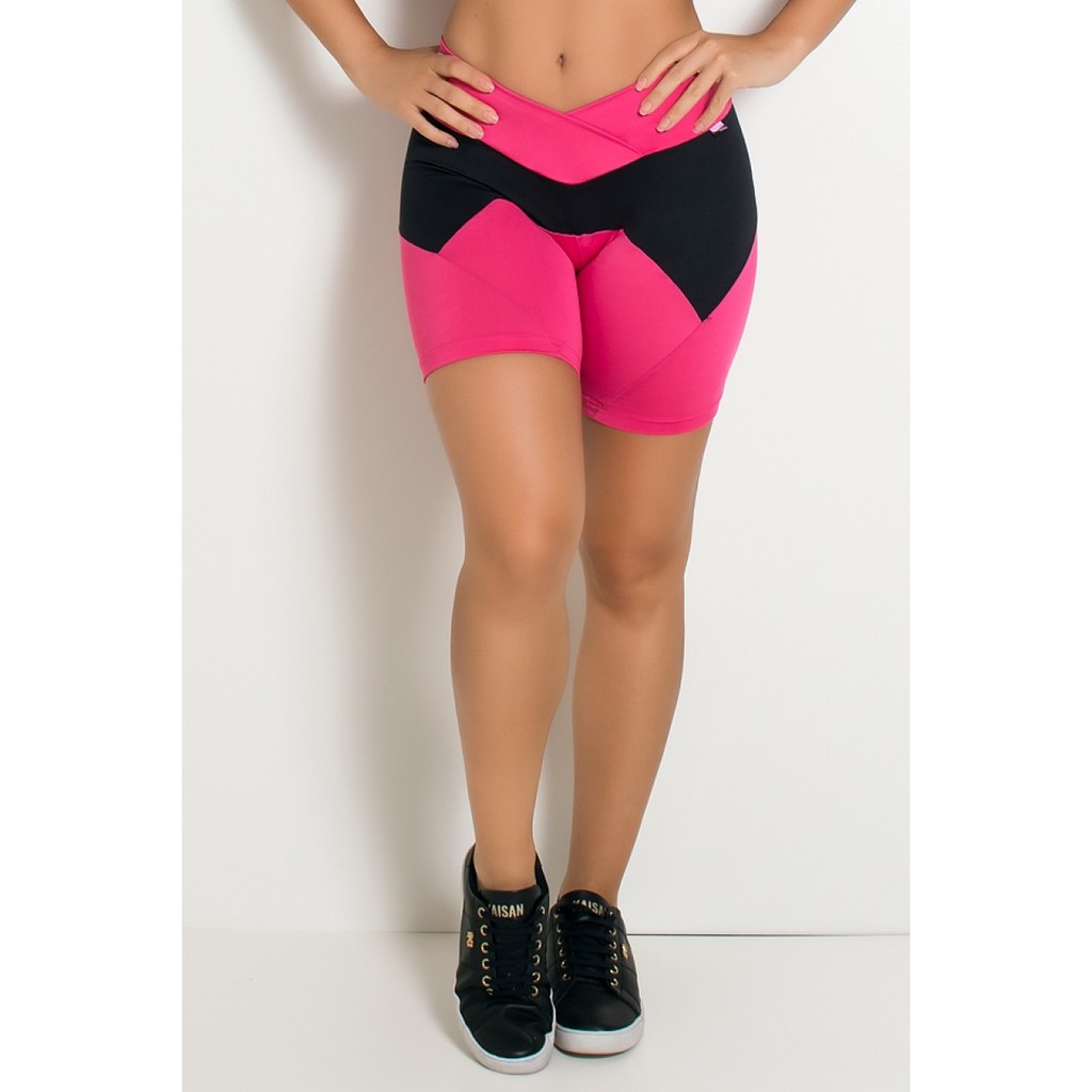 Bermuda Rosa e Preto de Cós Duplo Fitness Academia - Tamanho P - Short,  roupa de academia, ginástica, pilates