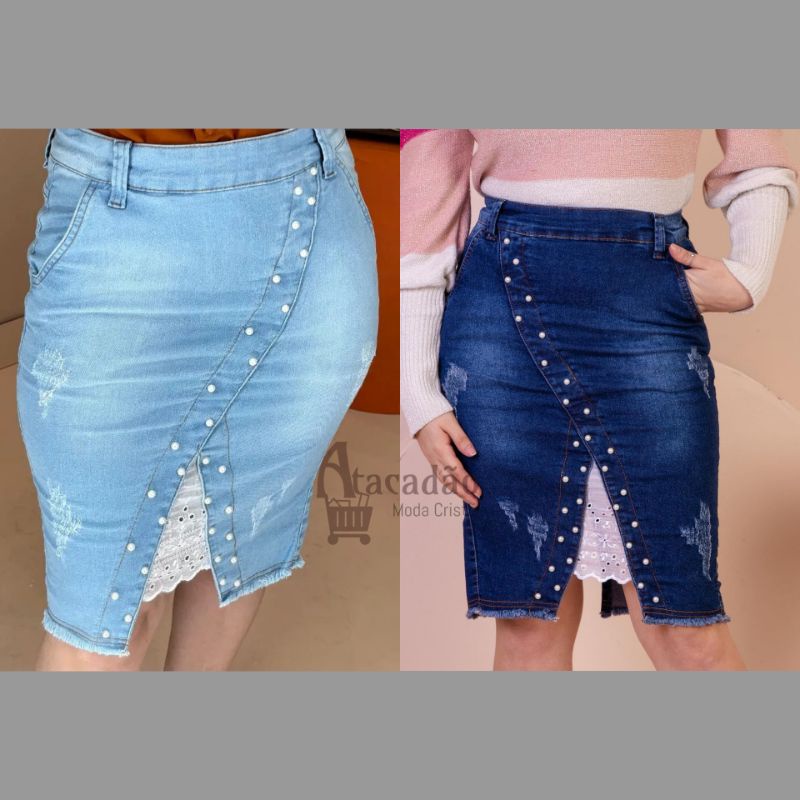 Saia jeans com renda na sale barra