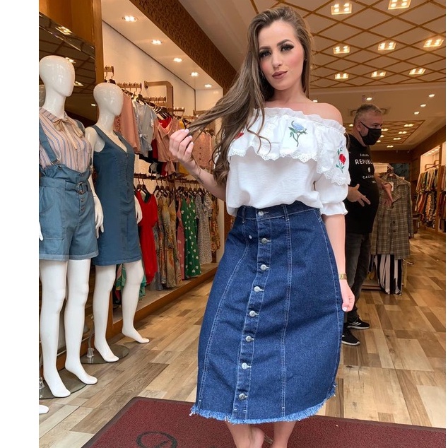 Gaste Pouco Saia Jeans Midi Moda Evangélica Com Botões e Cinto