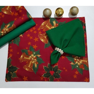 Kit Jogo Americano Estampado Natal Sinos 8 Lugar Americano + 8 Guardanapo Boca