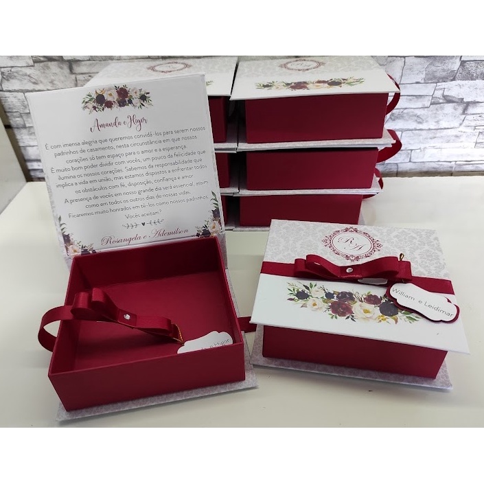 kit 6 Caixas convite Padrinhos de Casamento Marsala (vermelho)