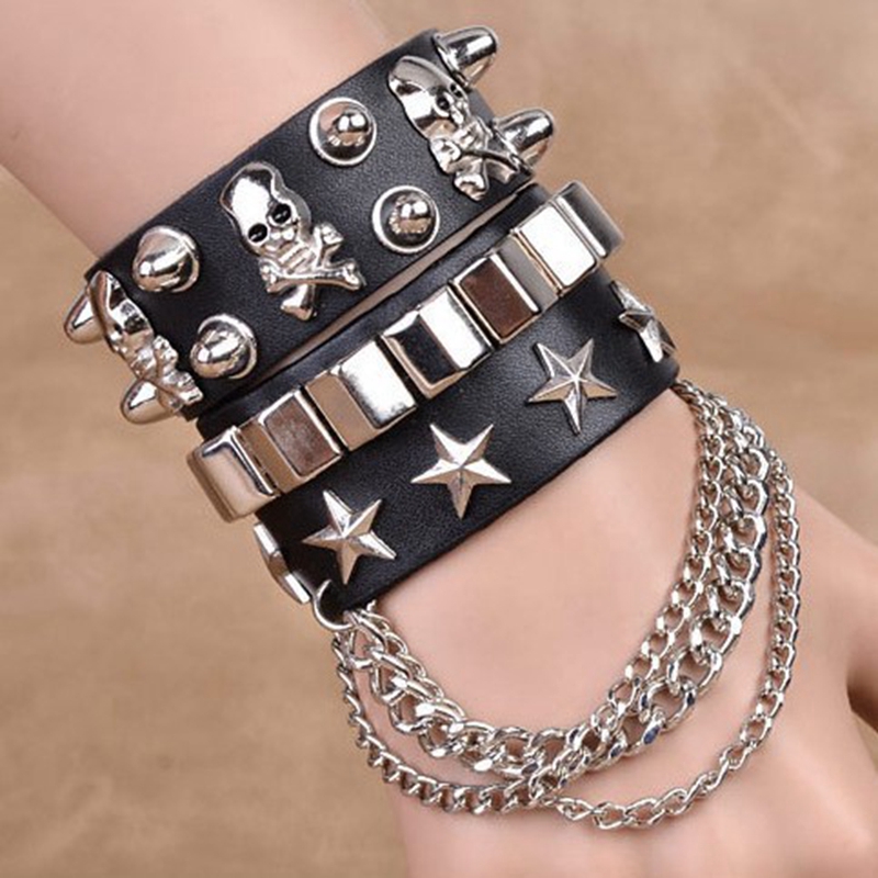 Pulseira Masculina De Couro Multilayer Skull Bracelet Moda De Aço Inoxidável Jóias