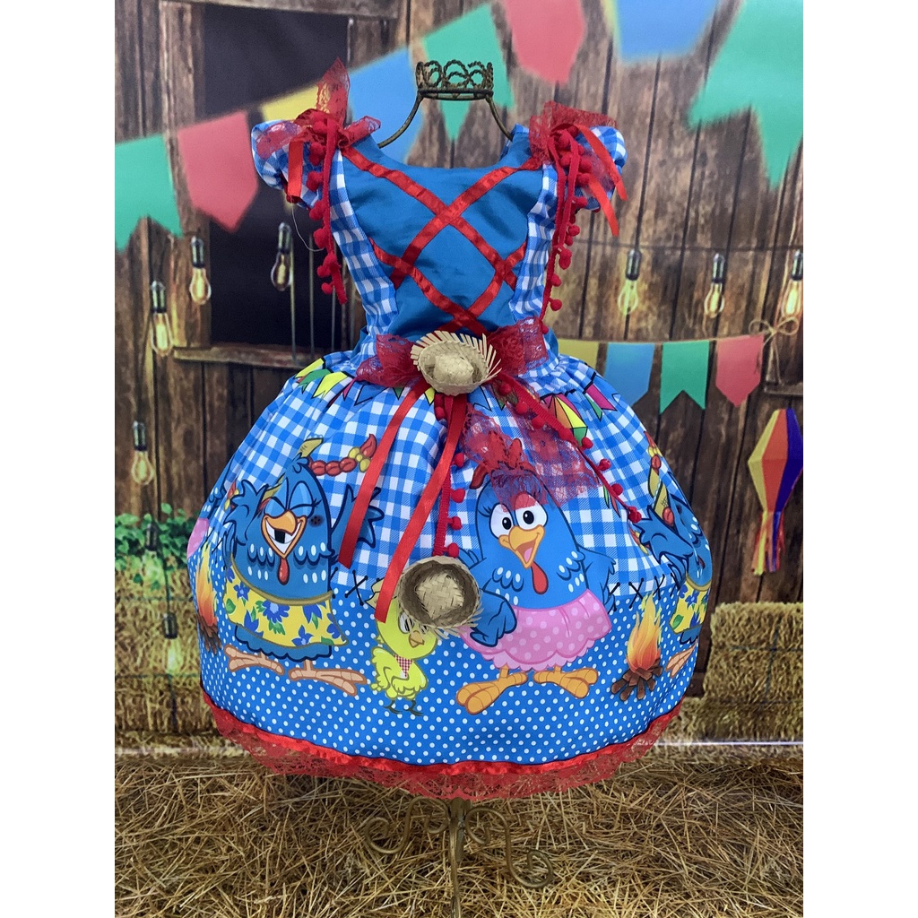 Vestido Festa Junina Caipira Xadrez Infantil Azul São João