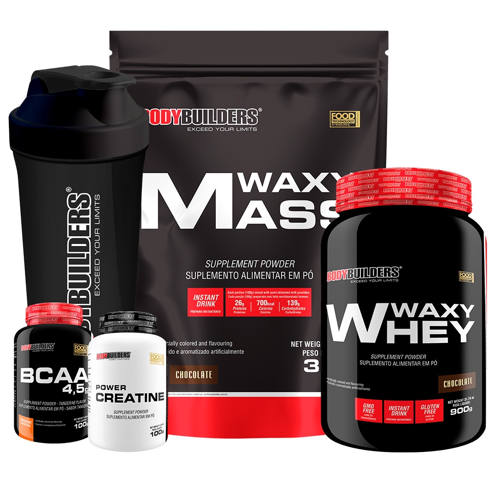 Kit Hipercalórico Waxy Mass 3kg + Whey Protein Waxy Whey 900g + Power Creatina 100g + BCAA 100g + Coqueteleira – Bodybuilders Aumento de massa e força