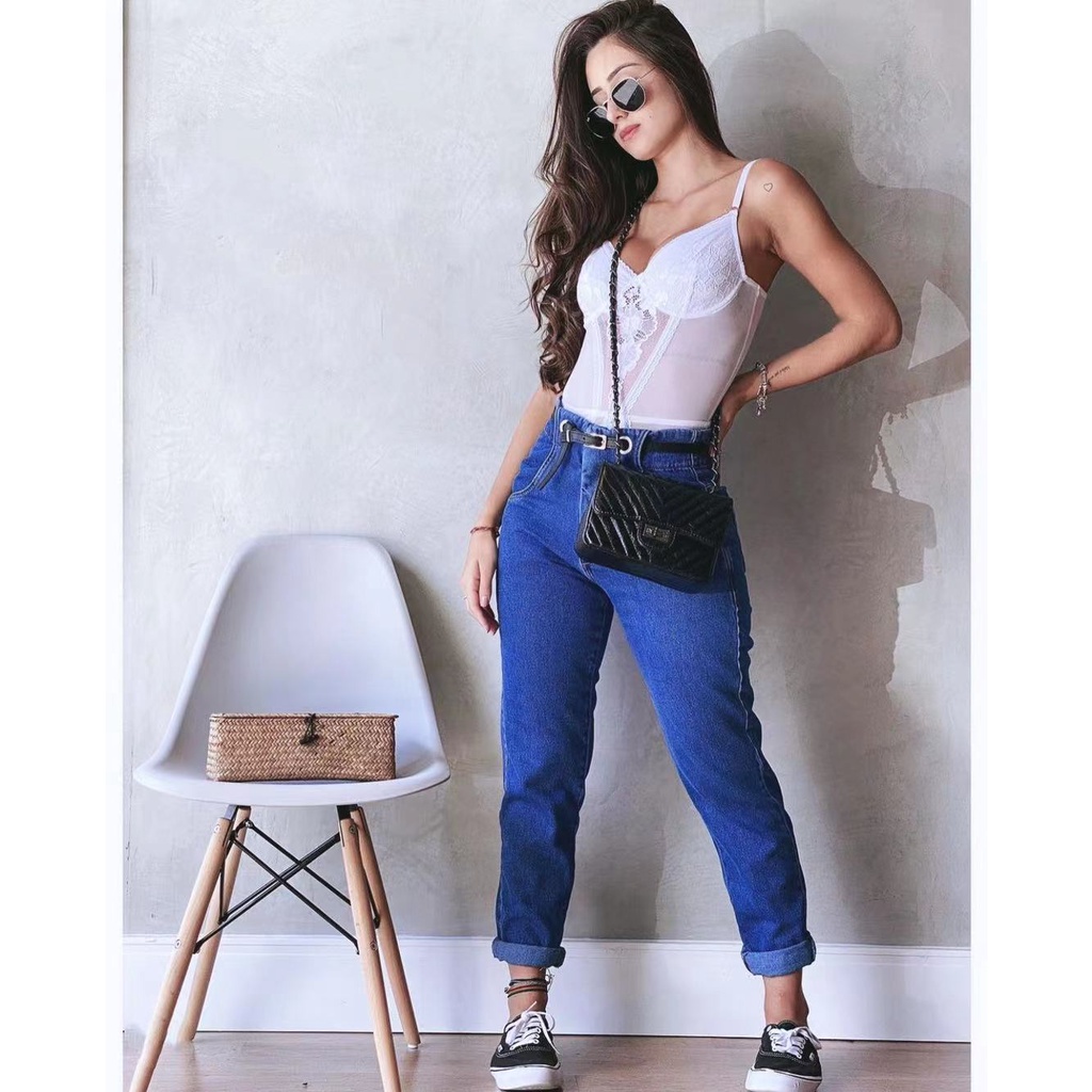 Calça jeans com store couro