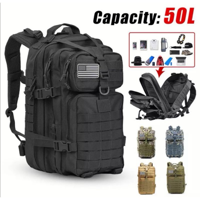 Mochila 50 Litros / 40 L Tática Camping Militar Resistente (NÃO VEM COM A  BANDEIRA)