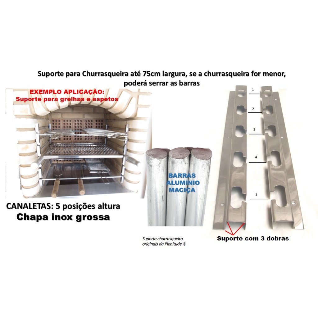 Suporte para churrasqueira de alvenaria 5 posições com 6 barras de aluminio maciça 75cm