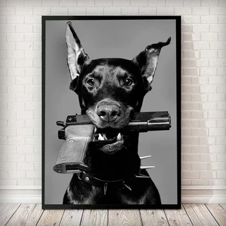 Quadro decorativo 1 peça 40x60 moderno preto branco doberman arma moda luxo cachorro para sala quarto