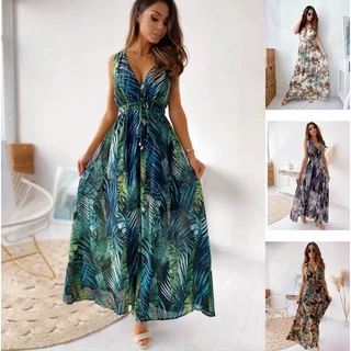 Vestido longo feminino de chiffon sem mangas com decote em v com estampa floral boho