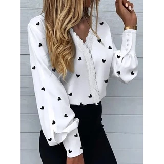 Primavera Verão Casual Branco Lace Cópia Do Coração Blusa Top 2022 Elegante Decote Em V Manga Longa Senhora Escritório Partido Botão Camisas Tops
